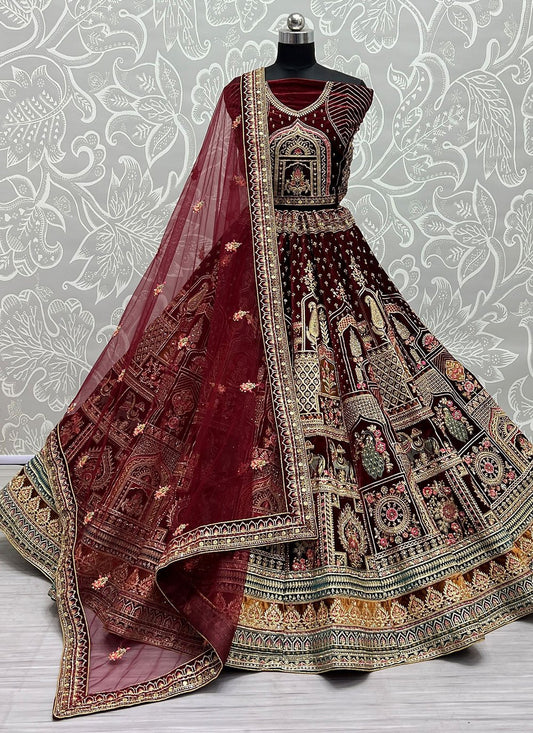 A Line Lehenga Velvet Maroon Diamond Lehenga Choli