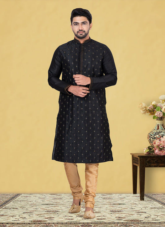 Kurta Pyjama Dupion Silk Black Fancy Work Mens