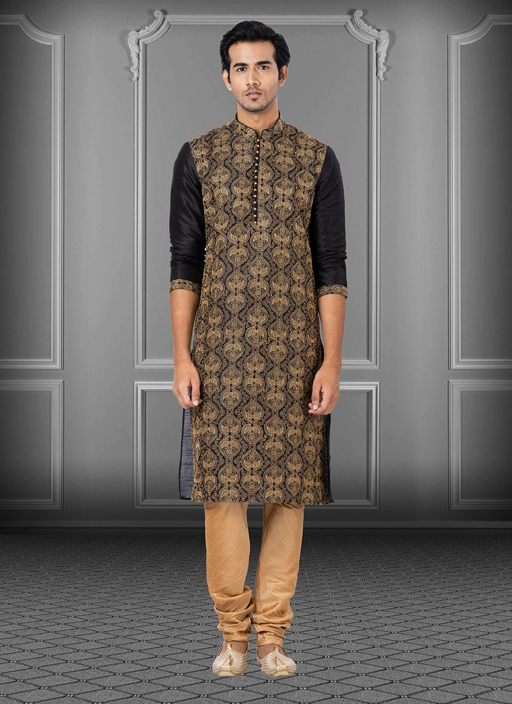 Kurta Pyjama Dupion Silk Black Embroidered Mens