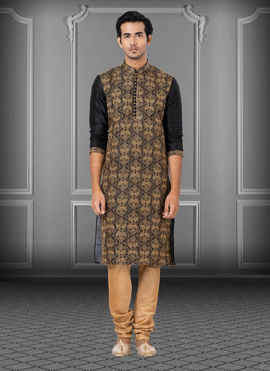 Kurta Pyjama Dupion Silk Black Embroidered Mens