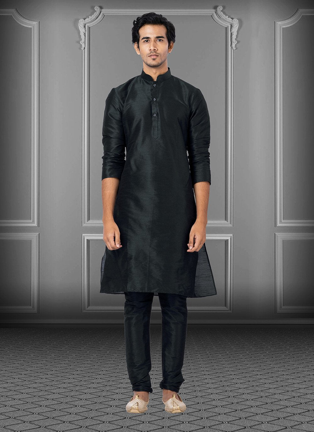 Kurta Pyjama Dupion Silk Black Plain Mens