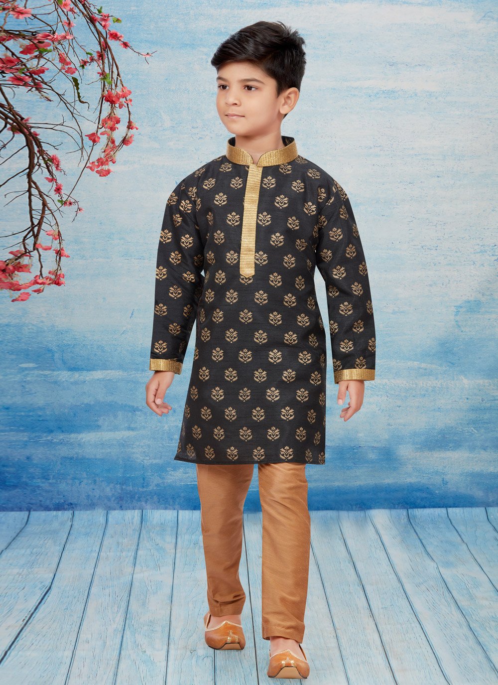 Kurta Pyjama Dupion Silk Black Print Kids