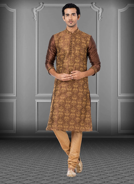 Kurta Pyjama Dupion Silk Brown Embroidered Mens