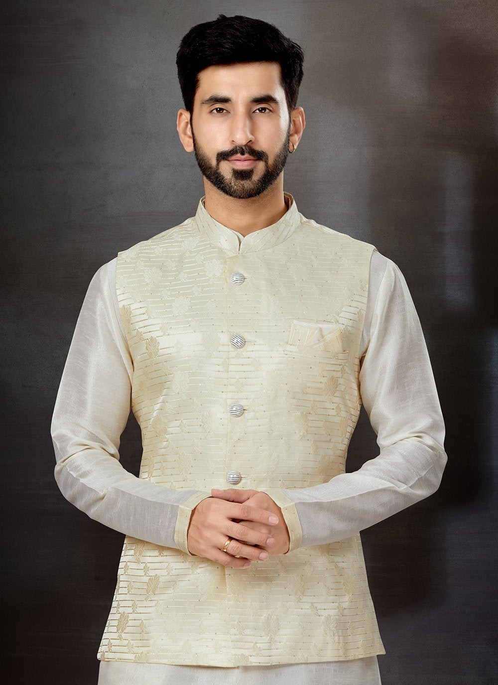 Kurta Payjama With Jacket Dupion Silk Jacquard Cream Off White Embroidered Mens