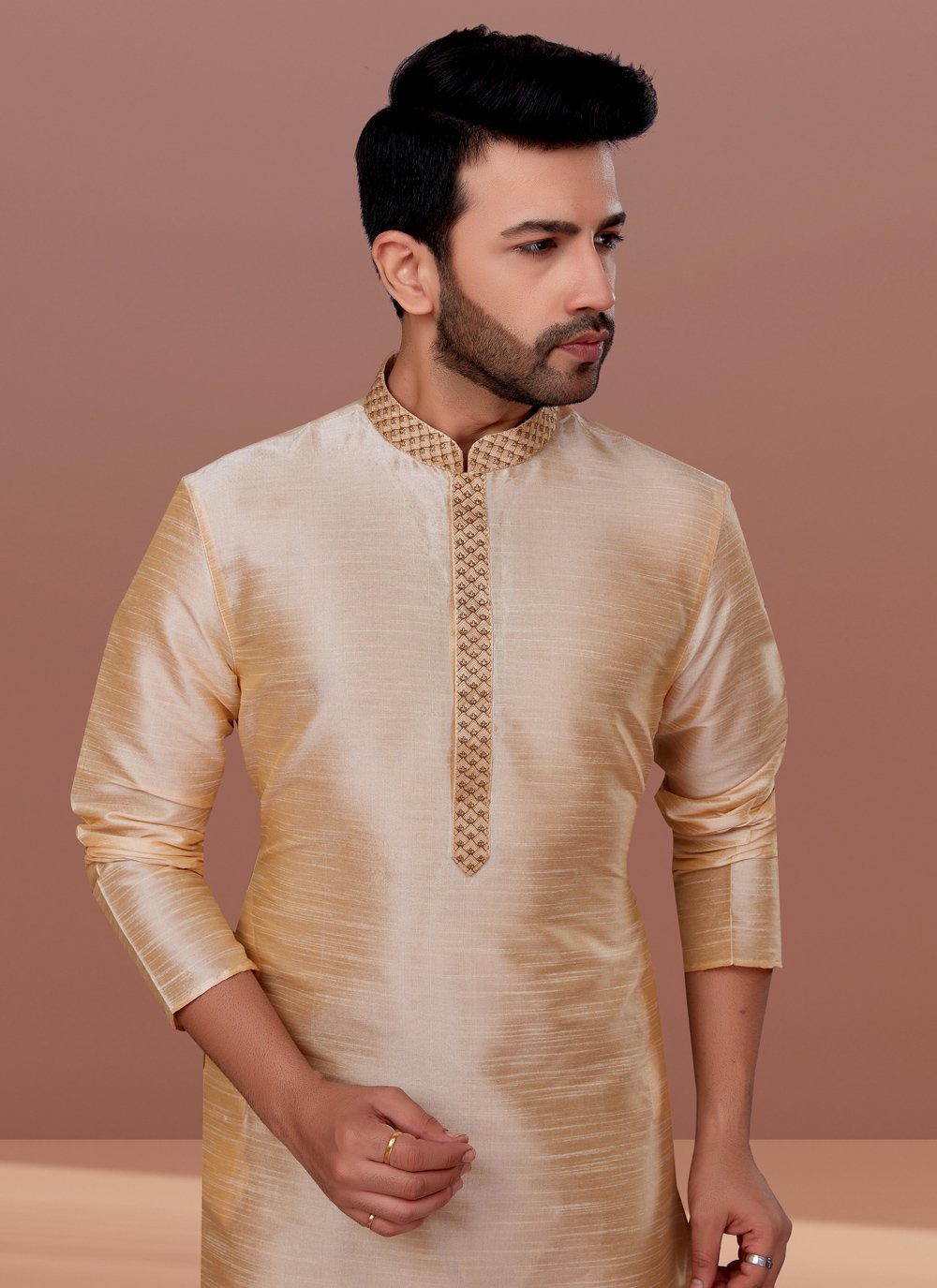 Kurta Pyjama Dupion Silk Cream Embroidered Mens