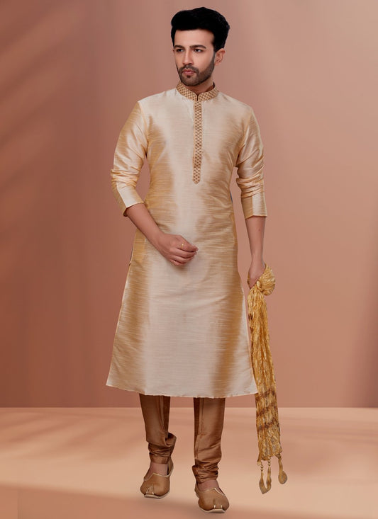 Kurta Pyjama Dupion Silk Cream Embroidered Mens