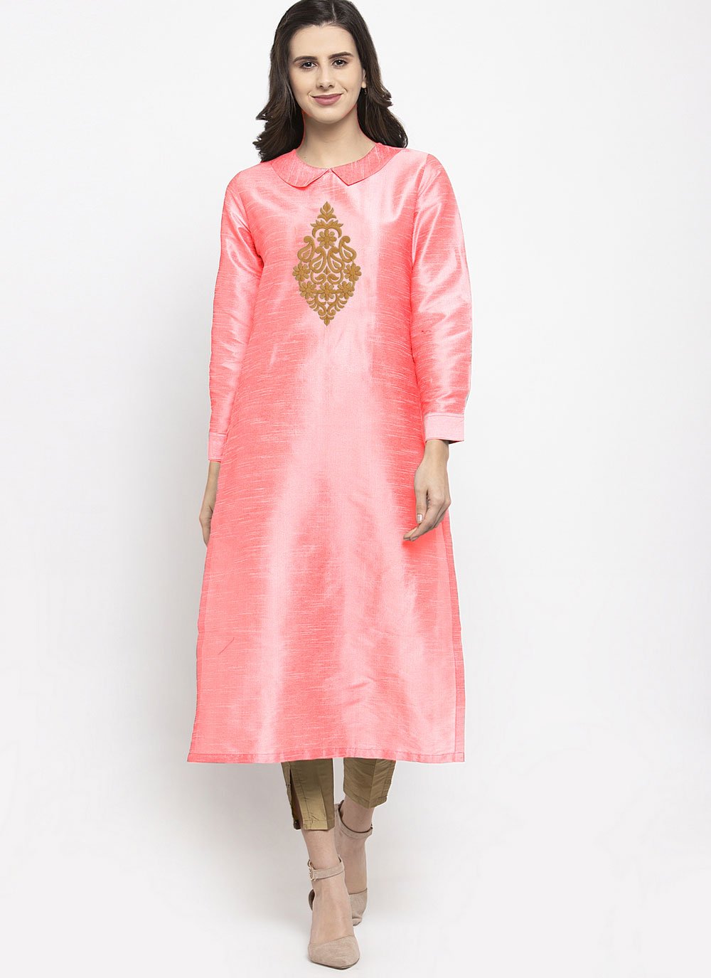 Designer Kurti Dupion Silk Pink Embroidered Kurtis