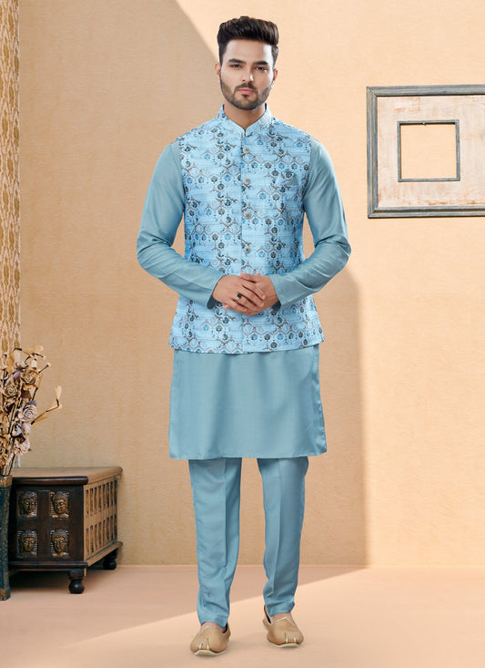 Kurta Payjama With Jacket Dupion Silk Jacquard Aqua Blue Digital Print Mens