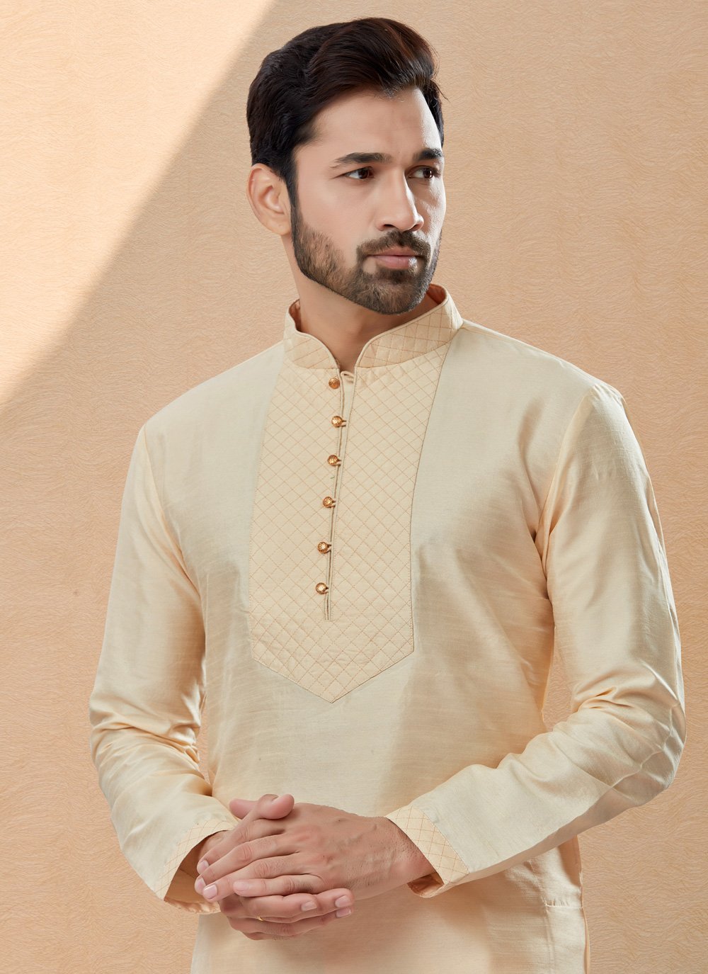 Kurta Pyjama Dupion Silk Beige Embroidered Mens