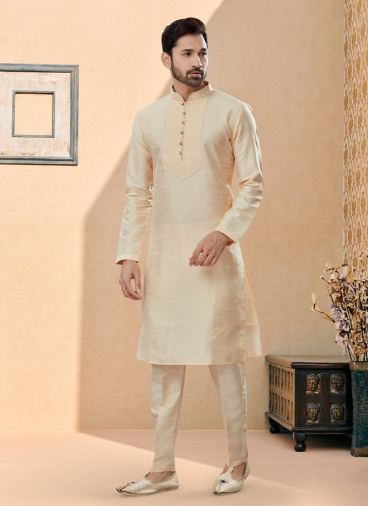 Kurta Pyjama Dupion Silk Beige Embroidered Mens