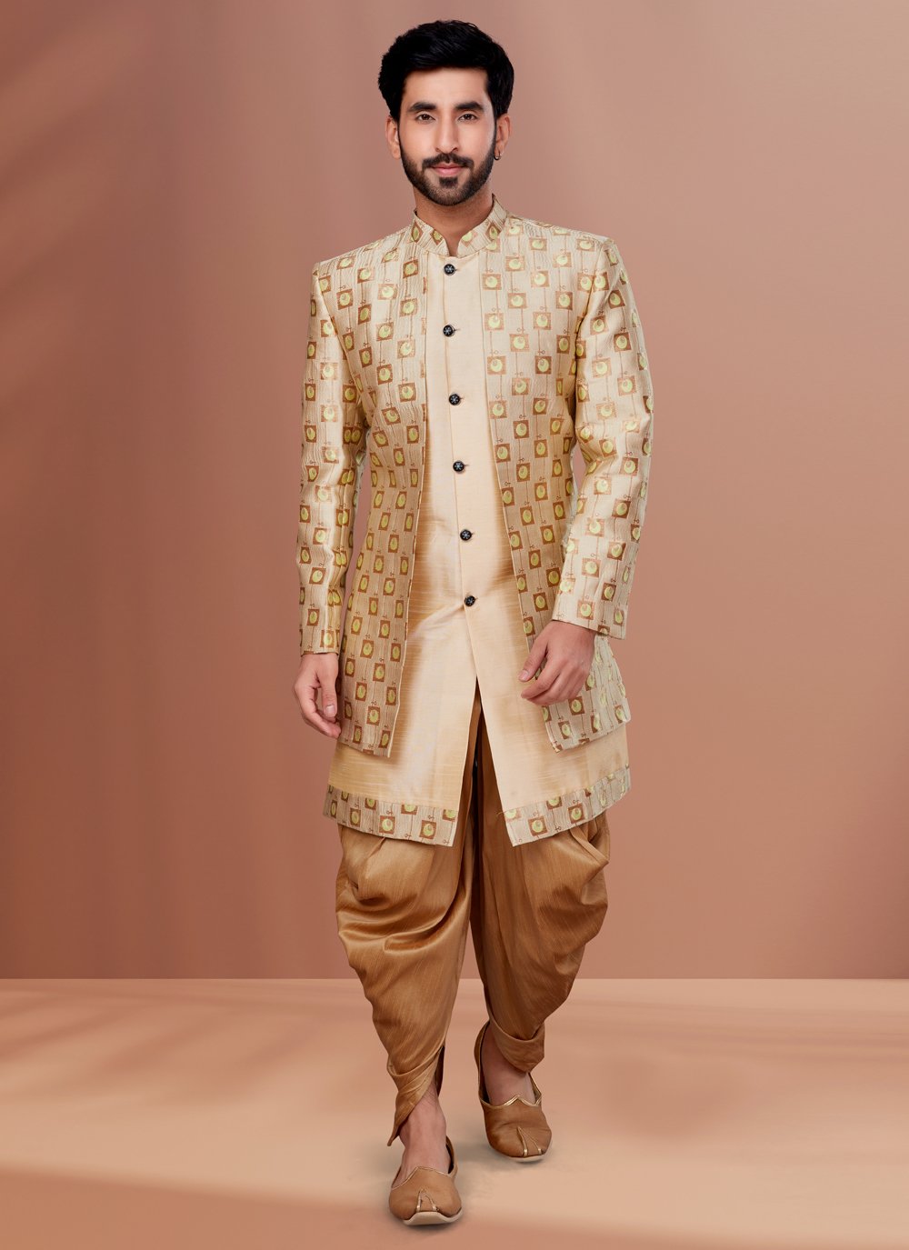 Indo Western Dupion Silk Jacquard Beige Cream Embroidered Mens