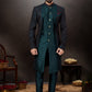 Indo Western Sherwani Dupion Silk Jacquard Green Embroidered Mens