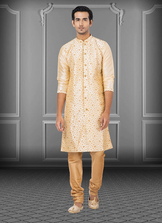 Kurta Pyjama Dupion Silk Cream Embroidered Mens