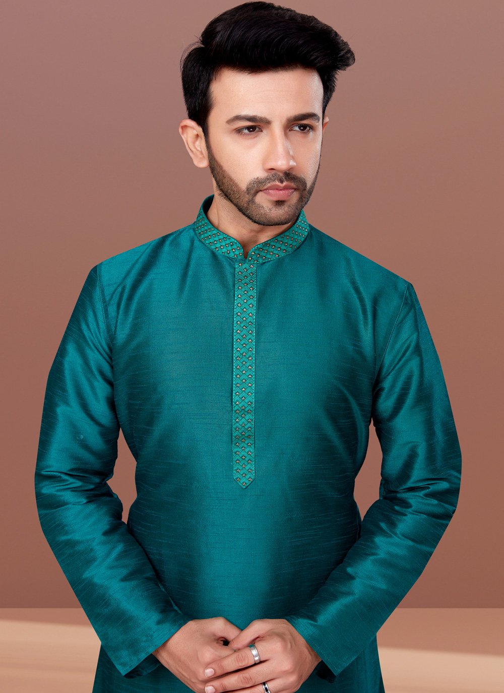 Kurta Pyjama Dupion Silk Rama Embroidered Mens