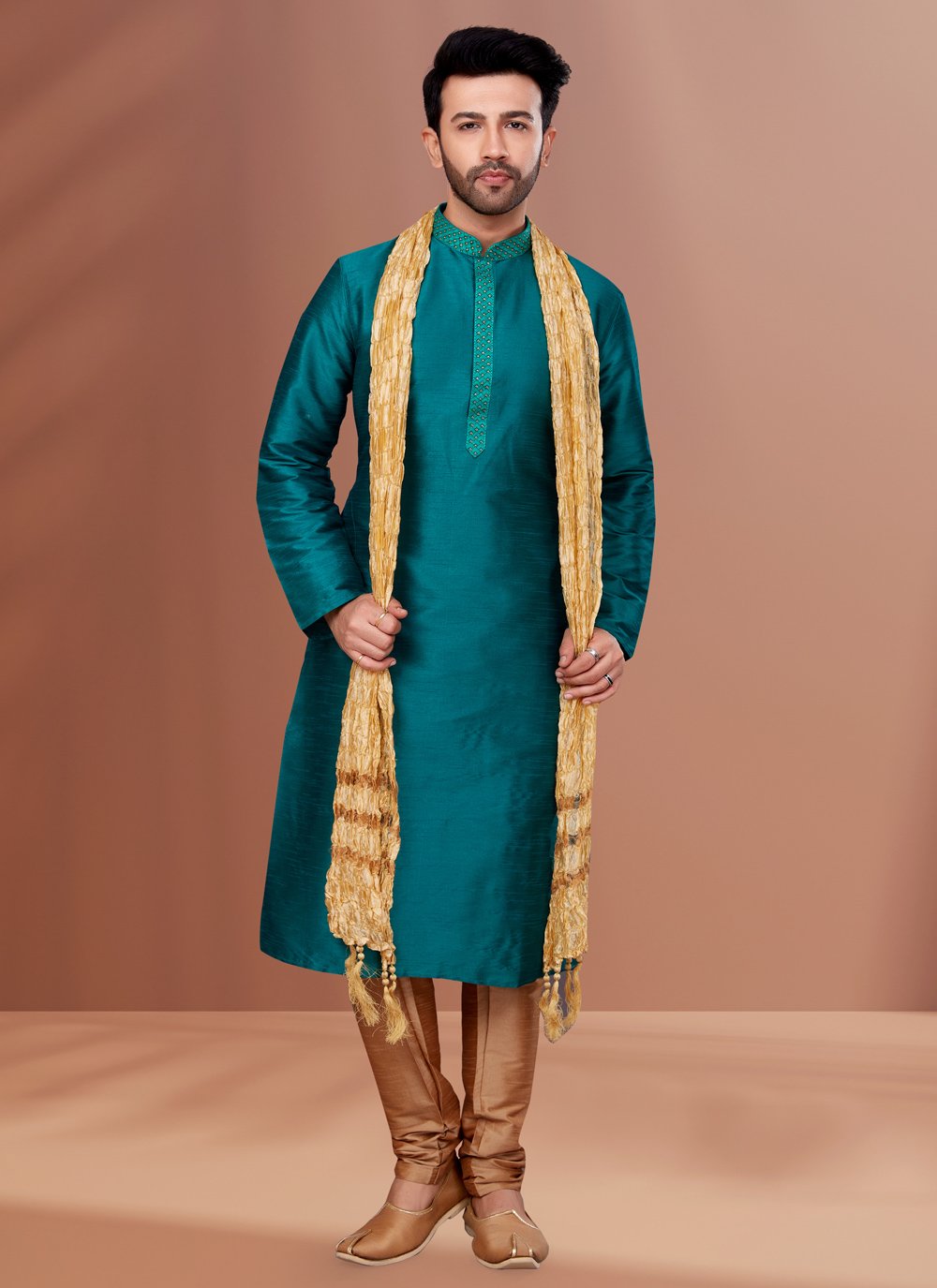 Kurta Pyjama Dupion Silk Rama Embroidered Mens