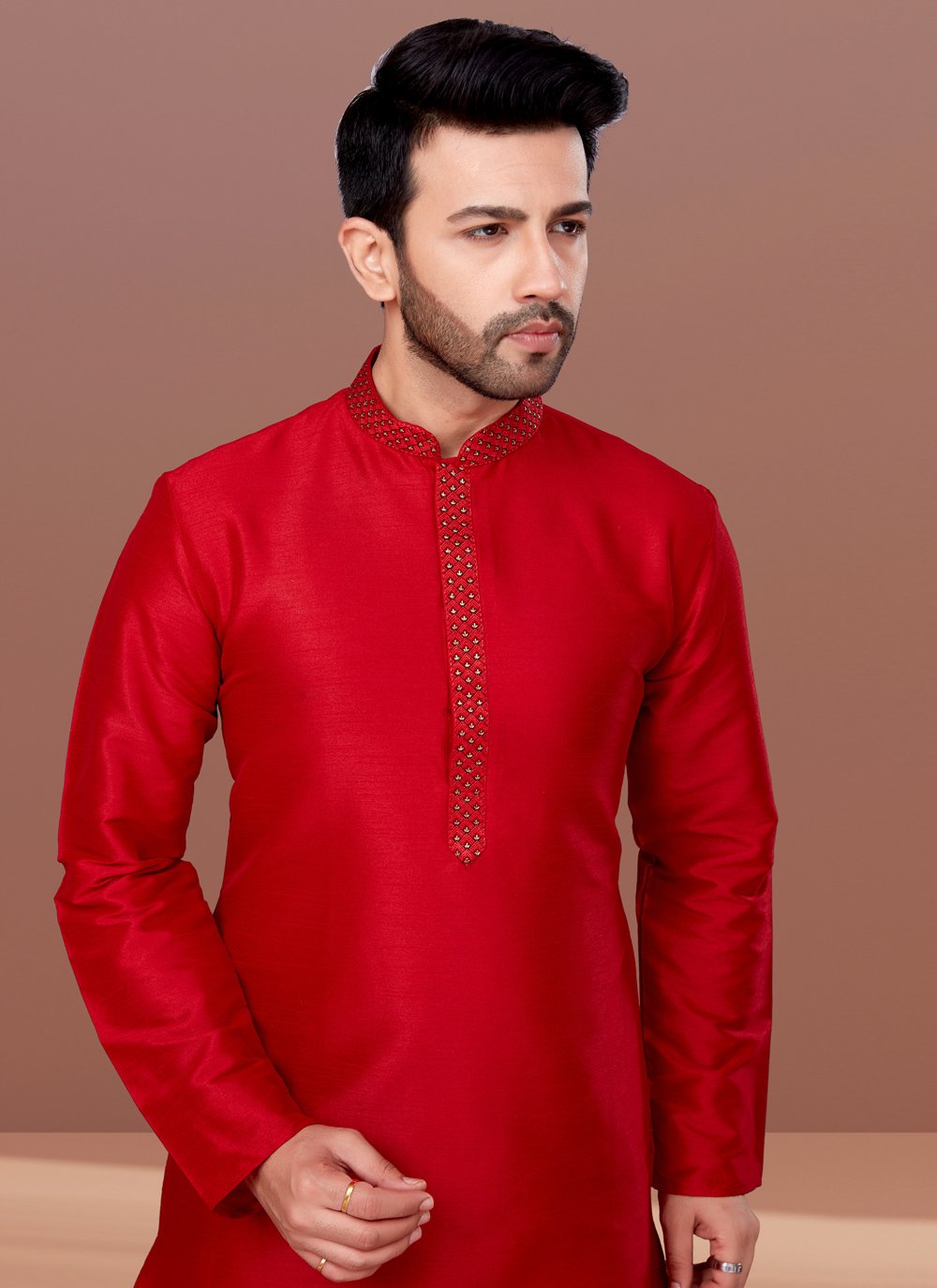 Kurta Pyjama Dupion Silk Red Embroidered Mens