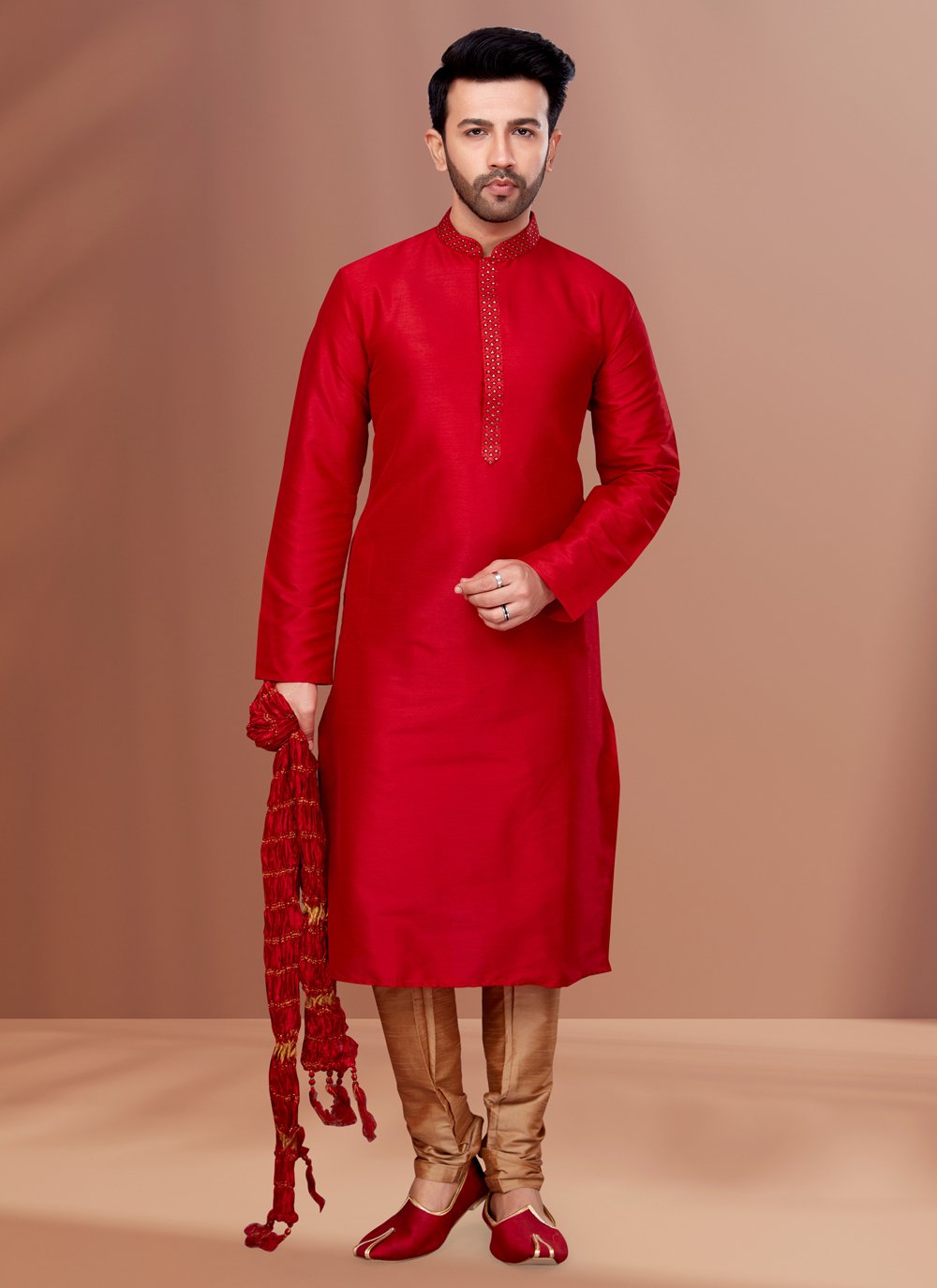 Kurta Pyjama Dupion Silk Red Embroidered Mens