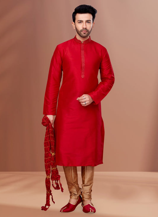 Kurta Pyjama Dupion Silk Red Embroidered Mens