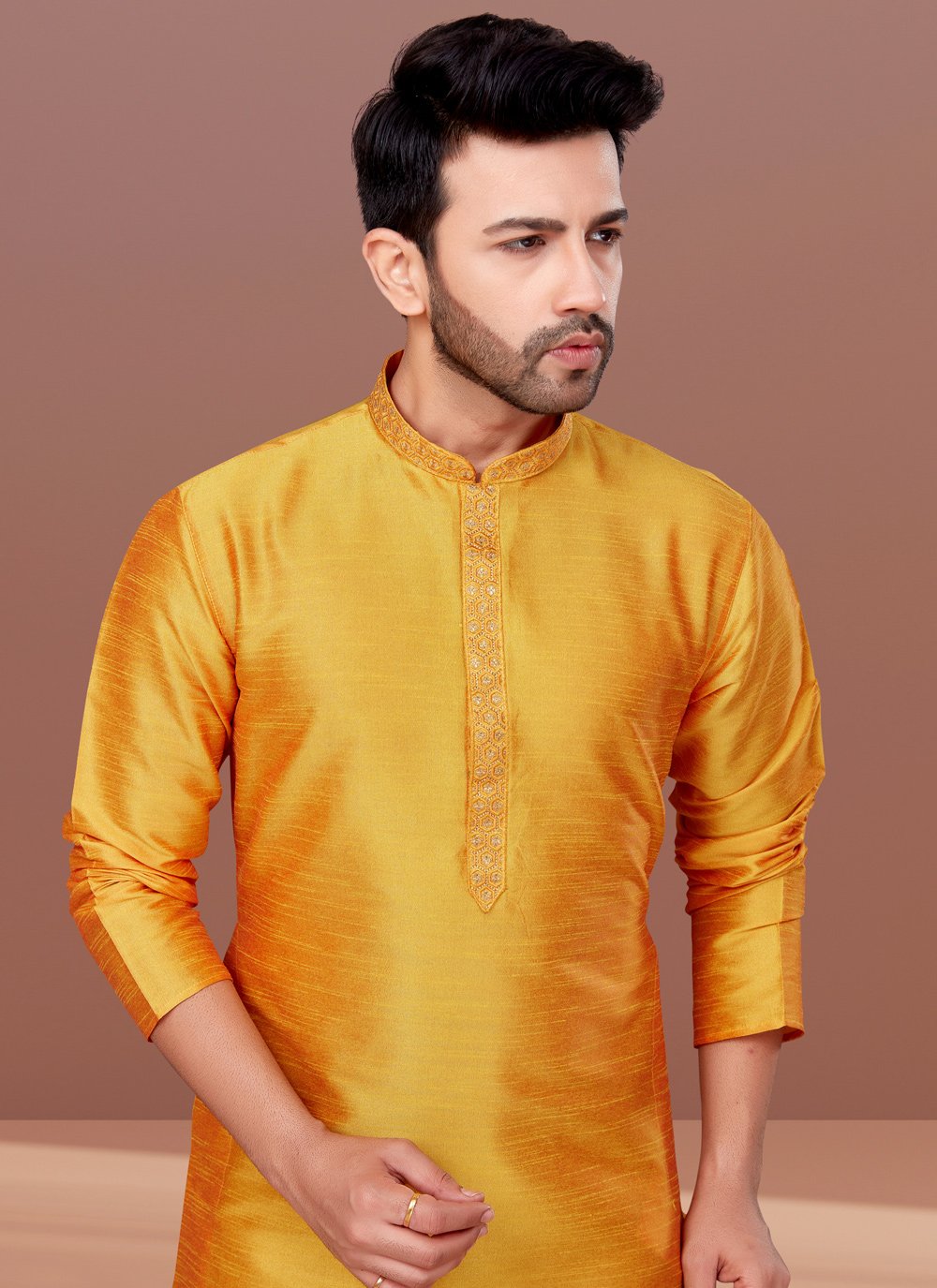 Kurta Pyjama Dupion Silk Yellow Embroidered Mens