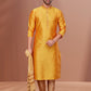 Kurta Pyjama Dupion Silk Yellow Embroidered Mens