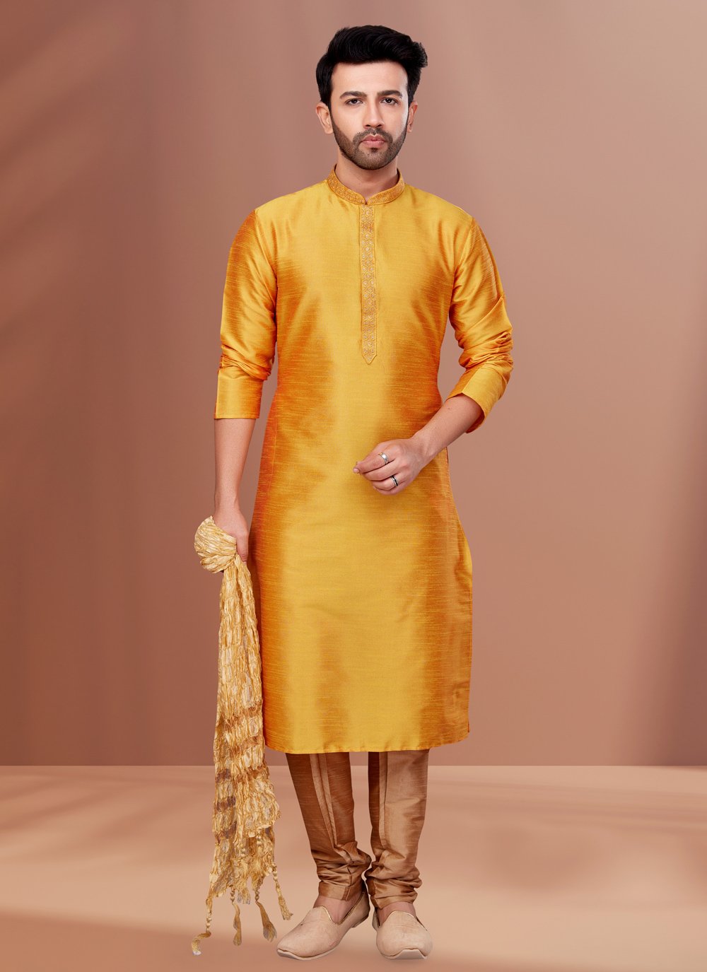 Kurta Pyjama Dupion Silk Yellow Embroidered Mens