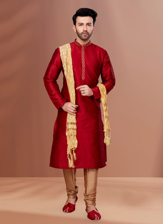 Kurta Pyjama Dupion Silk Red Embroidered Mens