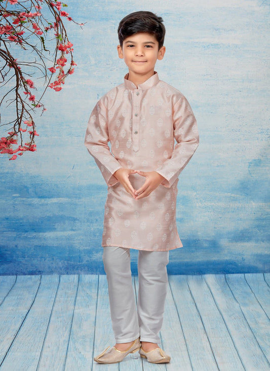 Kurta Pyjama Dupion Silk Pink Print Kids