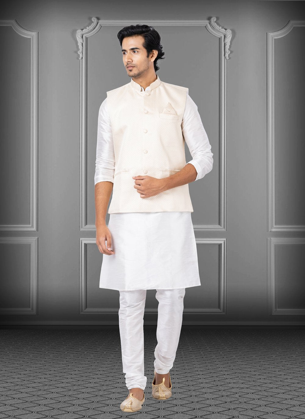 Kurta Payjama With Jacket Dupion Silk Fancy Fabric Off White Fancy Work Mens