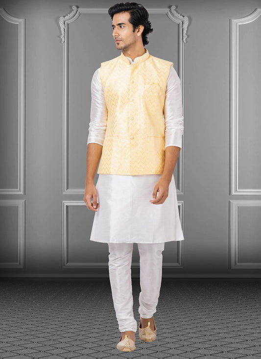 Kurta Payjama With Jacket Dupion Silk Linen Off White Yellow Fancy Work Mens