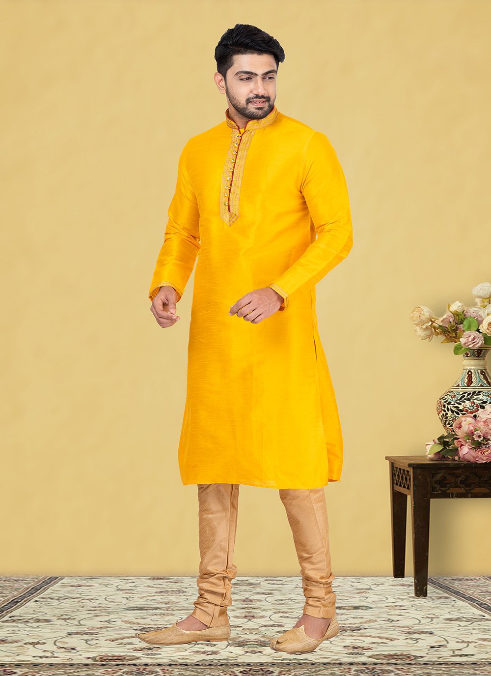 Kurta Pyjama Dupion Silk Yellow Fancy Work Mens