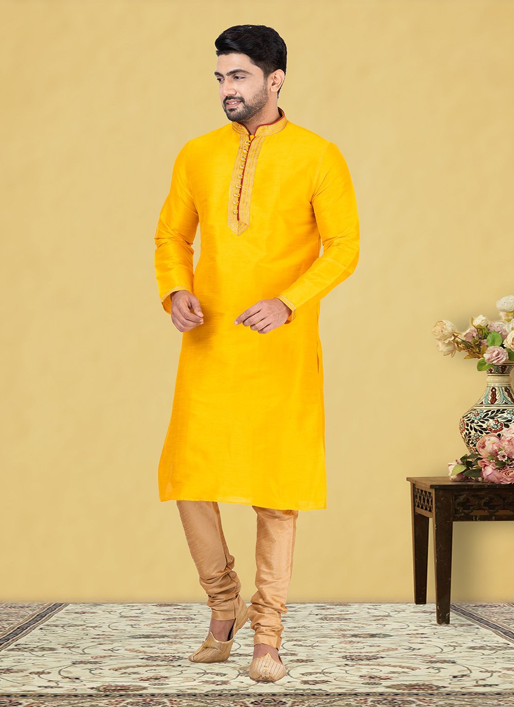 Kurta Pyjama Dupion Silk Yellow Fancy Work Mens