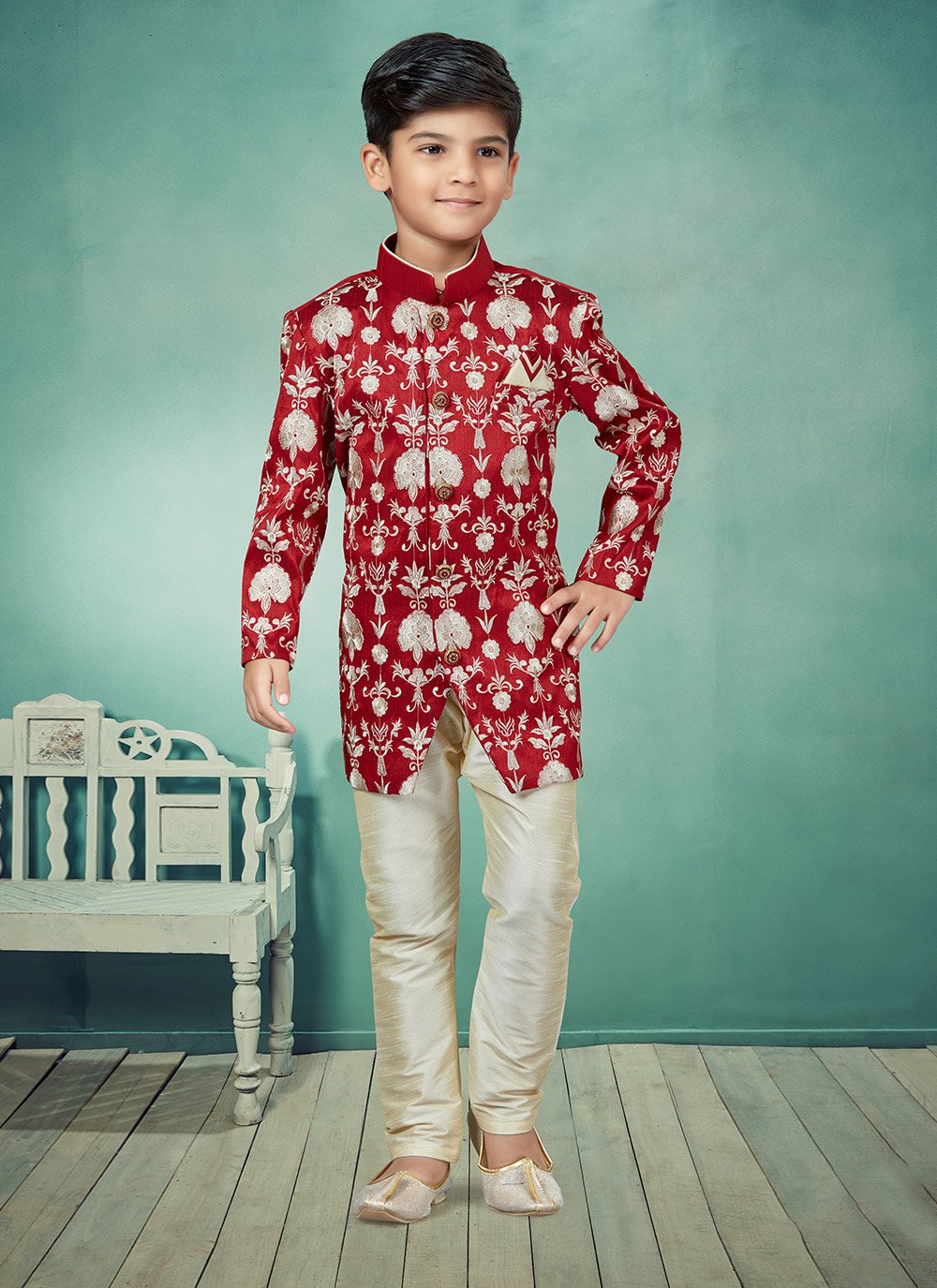 Indo Western Dupion Silk Maroon Embroidered Kids