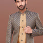 Indo Western Dupion Silk Jacquard Beige Grey Embroidered Mens