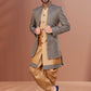 Indo Western Dupion Silk Jacquard Beige Grey Embroidered Mens