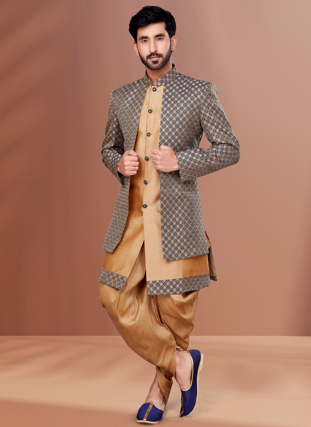 Indo Western Dupion Silk Jacquard Beige Grey Embroidered Mens