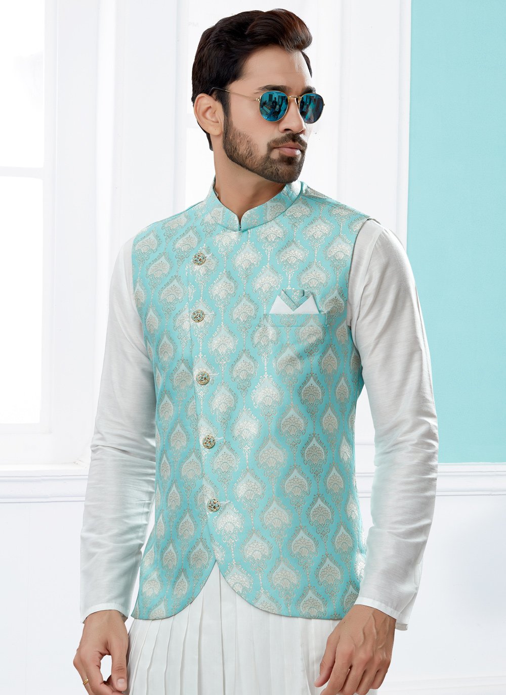 Indo Western Banarasi Silk Dupion Silk Off White Turquoise Jacquard Work Mens