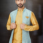 Kurta Payjama With Jacket Banarasi Jacquard Dupion Silk Aqua Blue Yellow Embroidered Mens