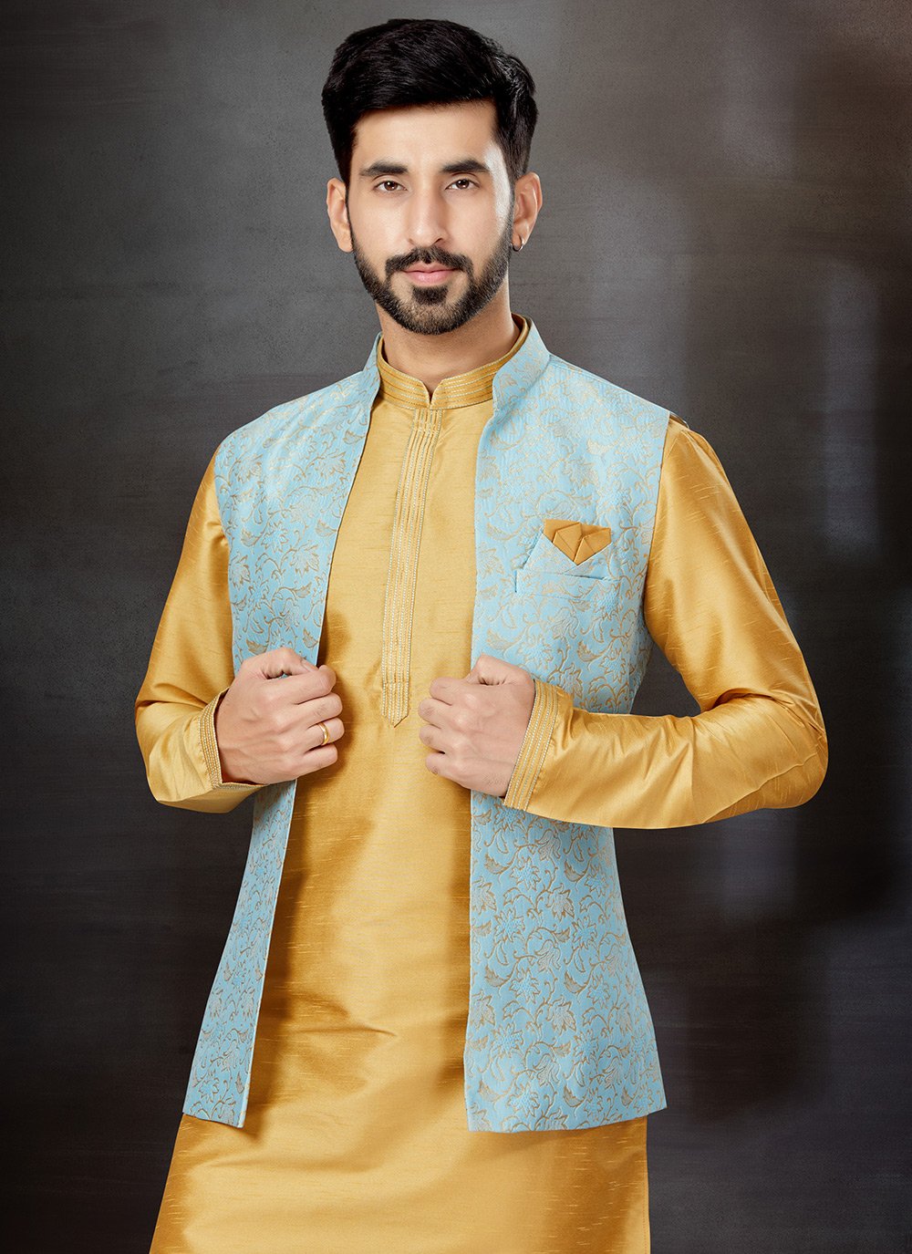 Kurta Payjama With Jacket Banarasi Jacquard Dupion Silk Aqua Blue Yellow Embroidered Mens