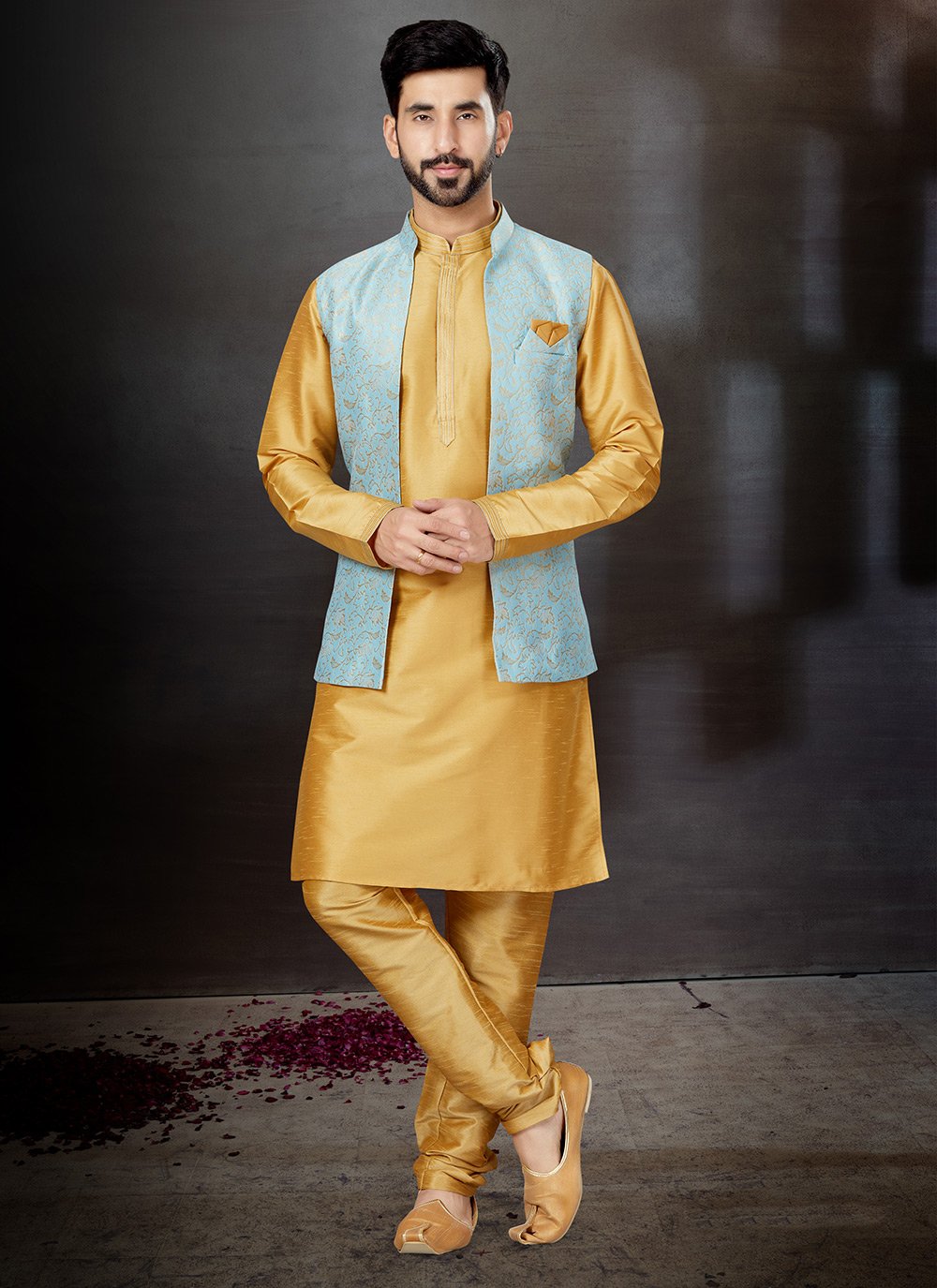 Kurta Payjama With Jacket Banarasi Jacquard Dupion Silk Aqua Blue Yellow Embroidered Mens