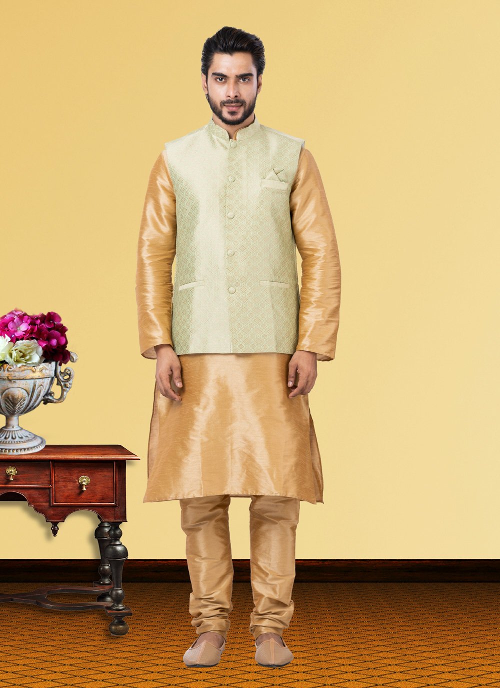 Kurta Payjama With Jacket Dupion Silk Beige Gold Jacquard Work Mens