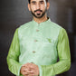 Kurta Payjama With Jacket Dupion Silk Jacquard Green Sea Green Embroidered Mens