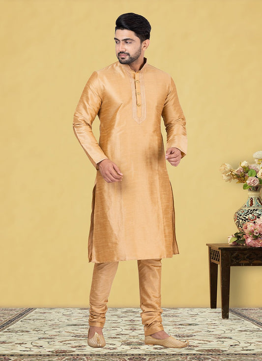 Kurta Pyjama Dupion Silk Beige Fancy Work Mens