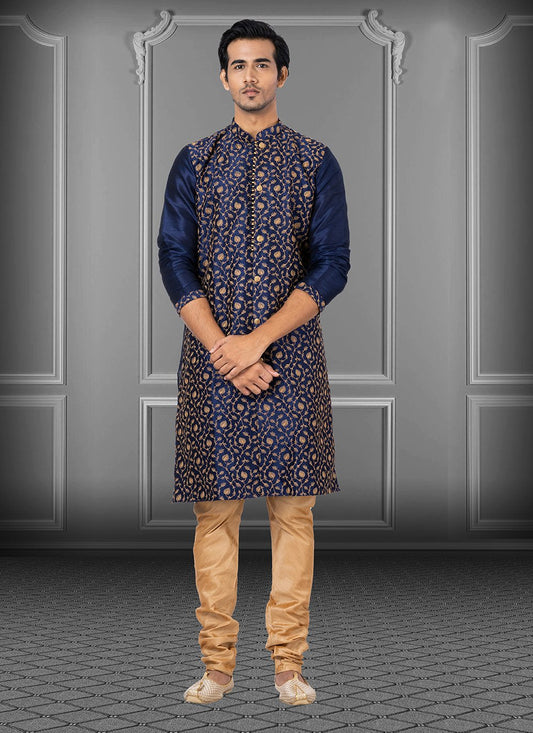 Kurta Pyjama Dupion Silk Blue Embroidered Mens