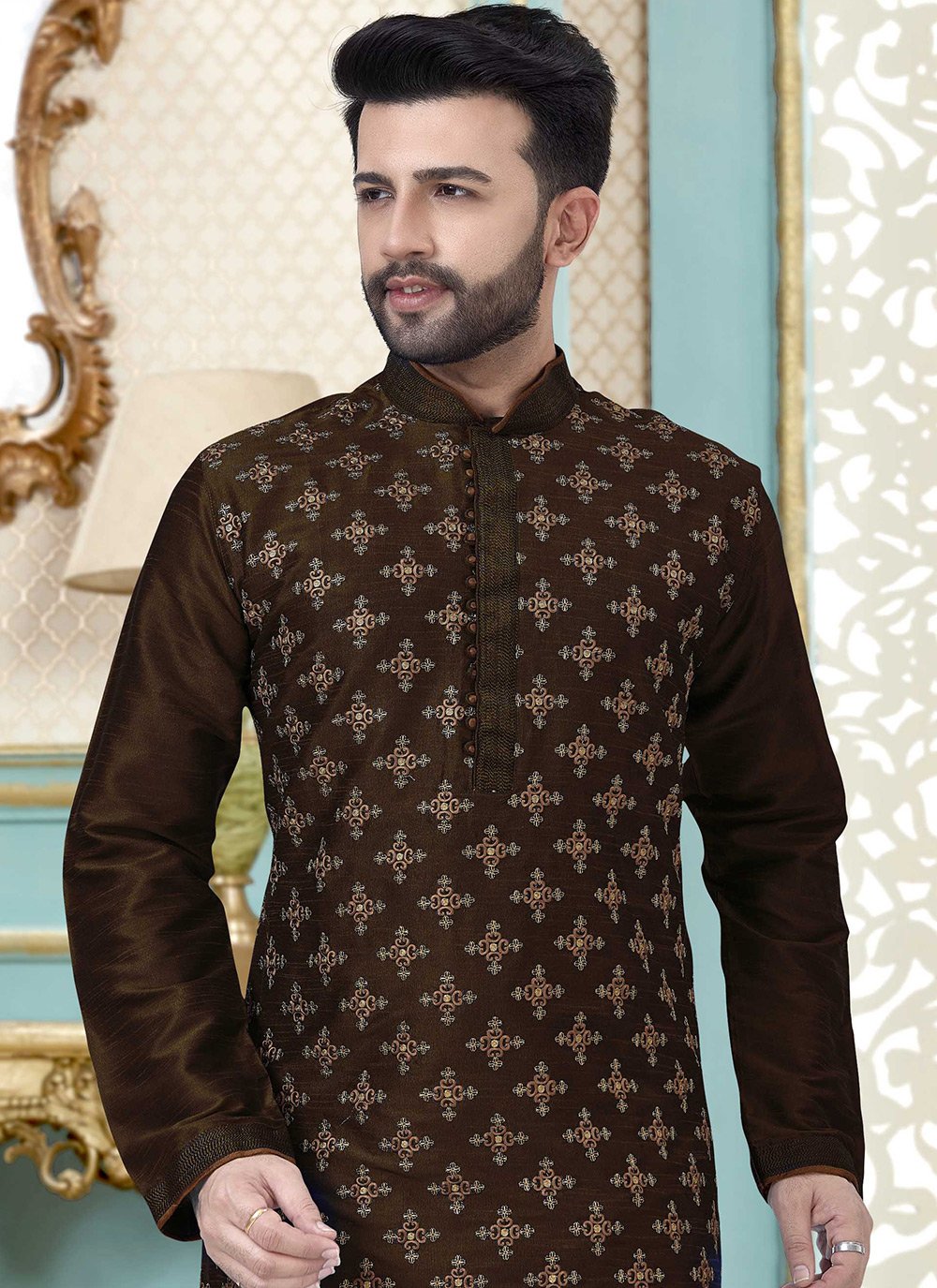 Kurta Pyjama Dupion Silk Brown Embroidered Mens