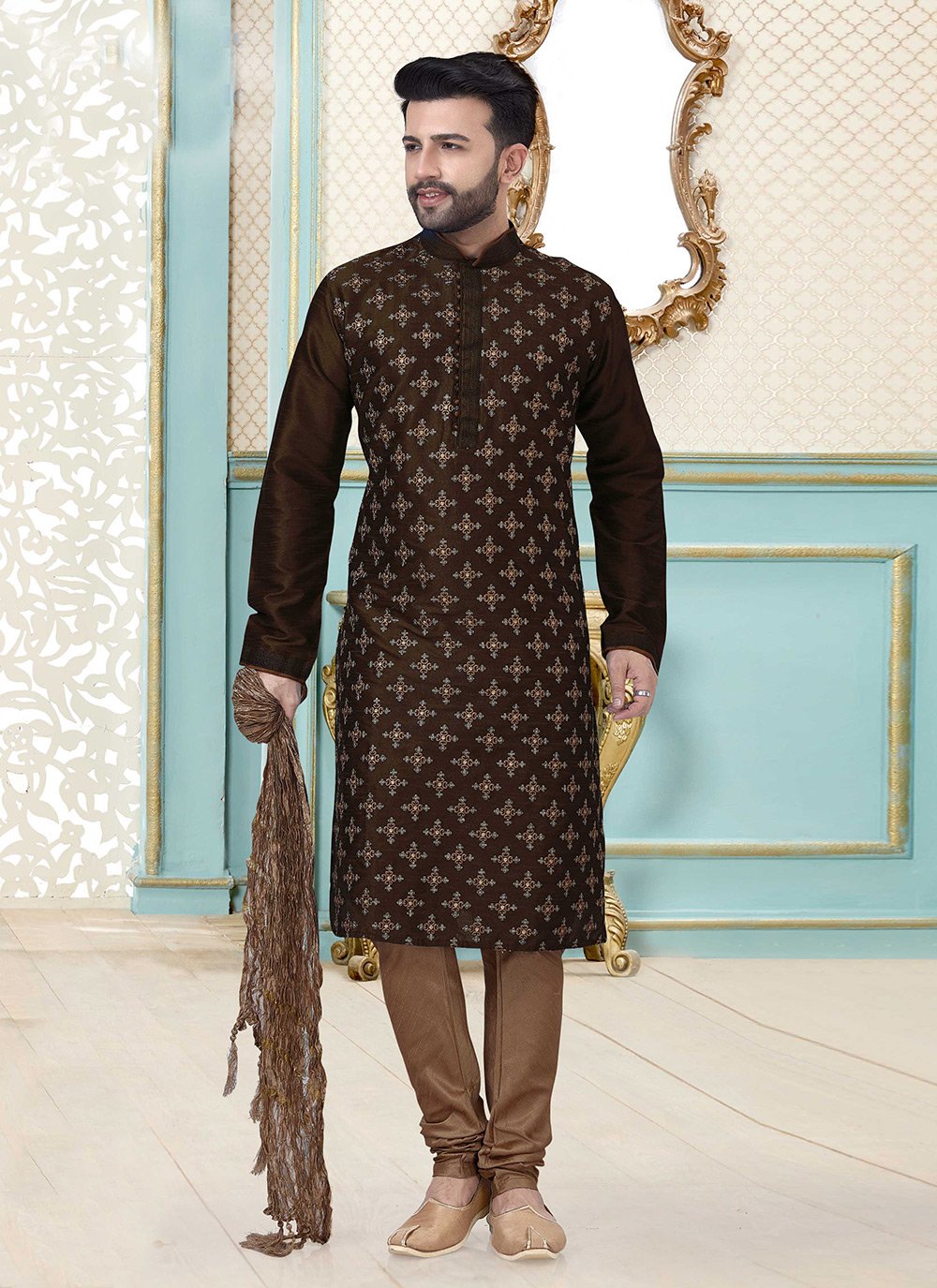 Kurta Pyjama Dupion Silk Brown Embroidered Mens