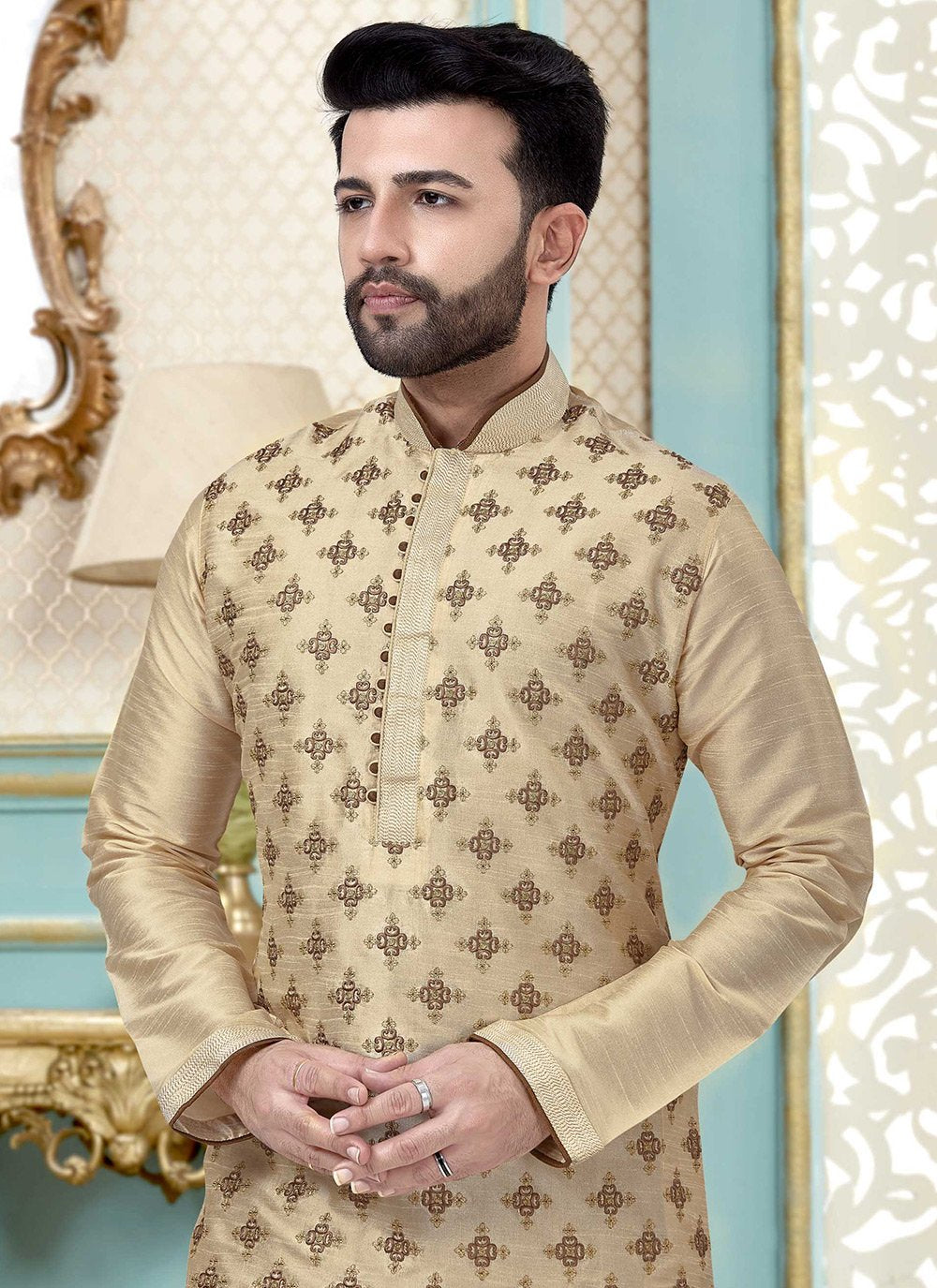 Kurta Pyjama Dupion Silk Cream Embroidered Mens