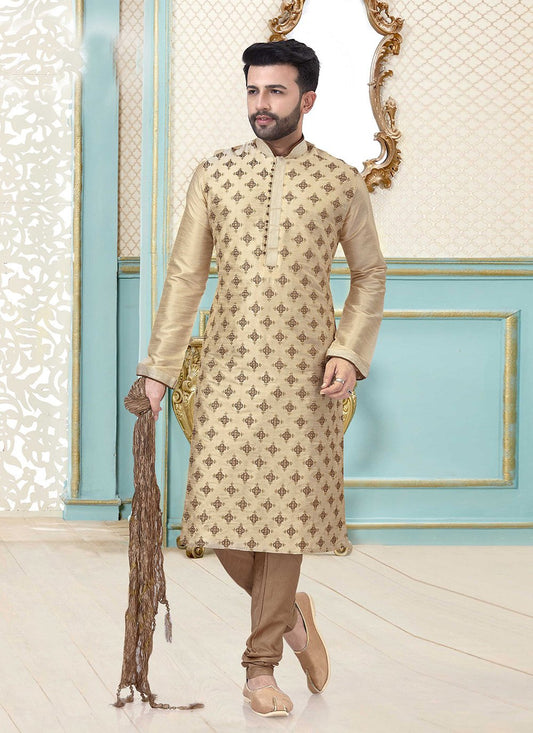 Kurta Pyjama Dupion Silk Cream Embroidered Mens