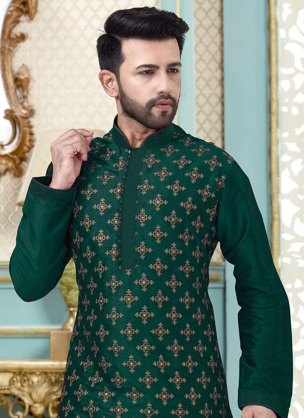 Kurta Pyjama Dupion Silk Green Embroidered Mens