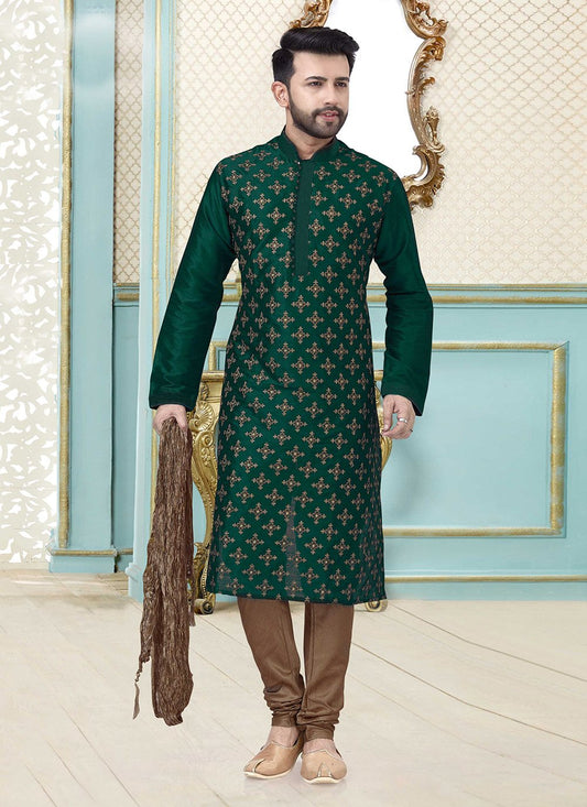 Kurta Pyjama Dupion Silk Green Embroidered Mens