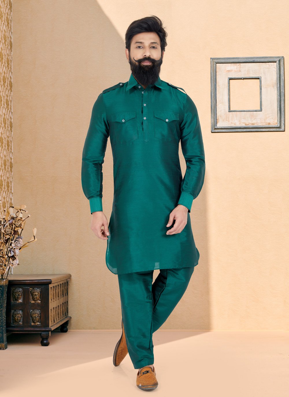 Kurta Pyjama Dupion Silk Green Plain Mens